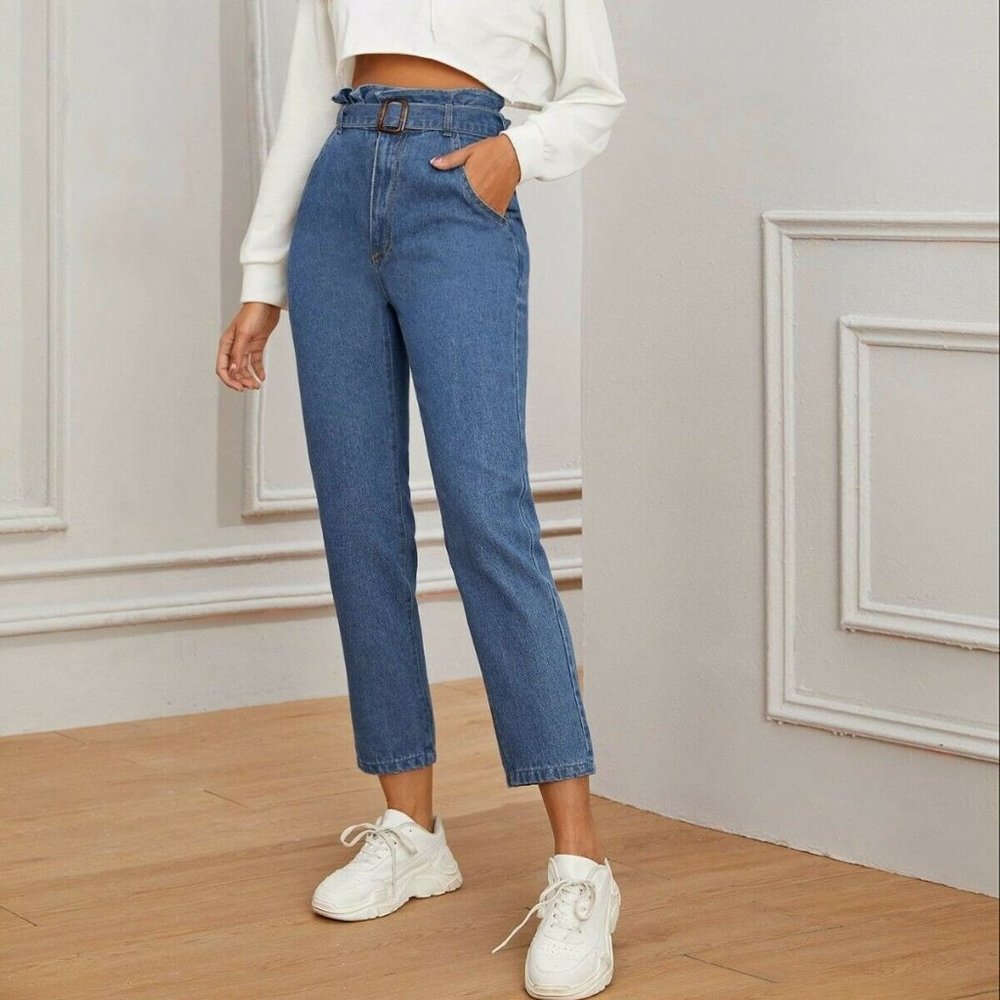 High Waist Belted Crop Mom Jeans Small Size 0